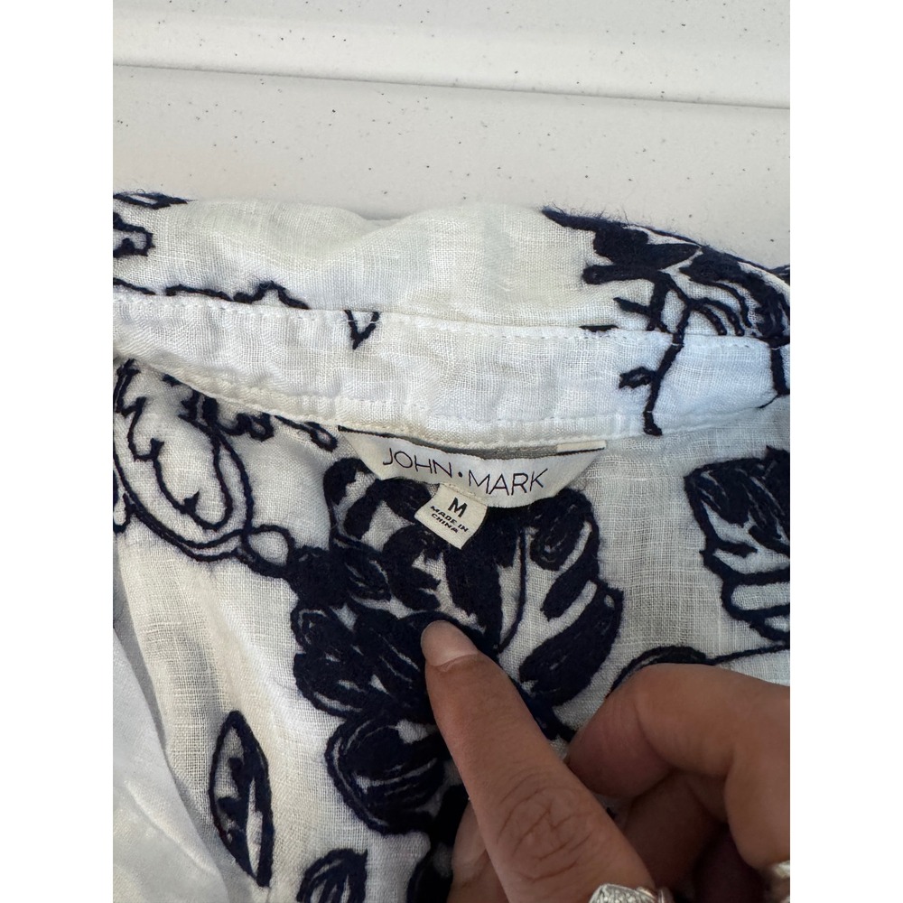 John Mark Linen Floral Embroidered Button Down Shirt Navy White n3 - Picture 5 of 7